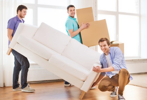 Packed household boxes ready for a move in Mayfair
